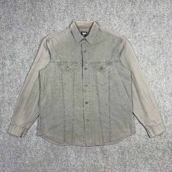 Stüssy Button Up Long Sleeve Shirt Gray Mens Size Large 0415 - Picture 1 of 10